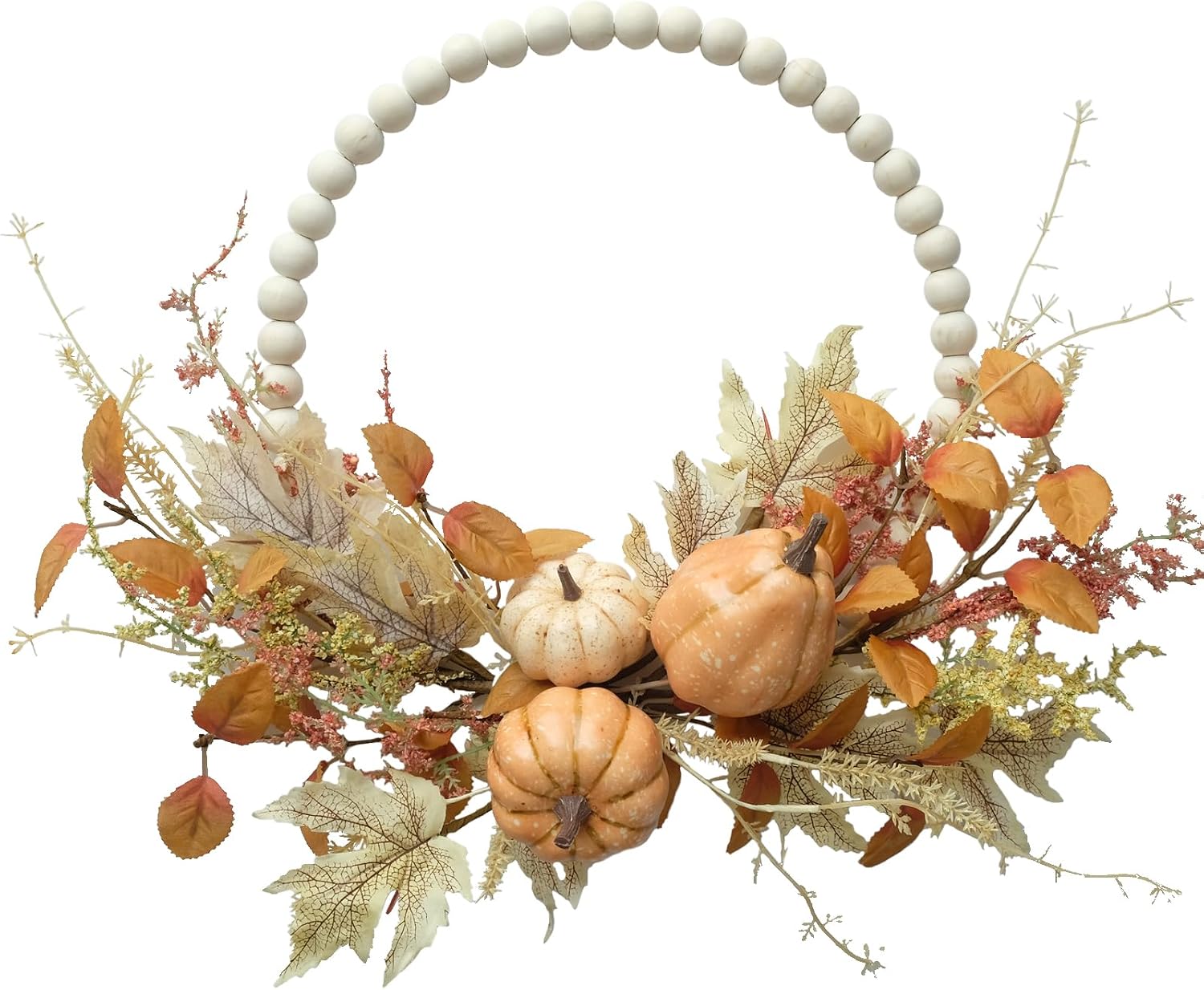 VelloHome Autumn Wood Bead Pumpkin Fall Wreath for Front Door, 0.4 kg, Orange, Green