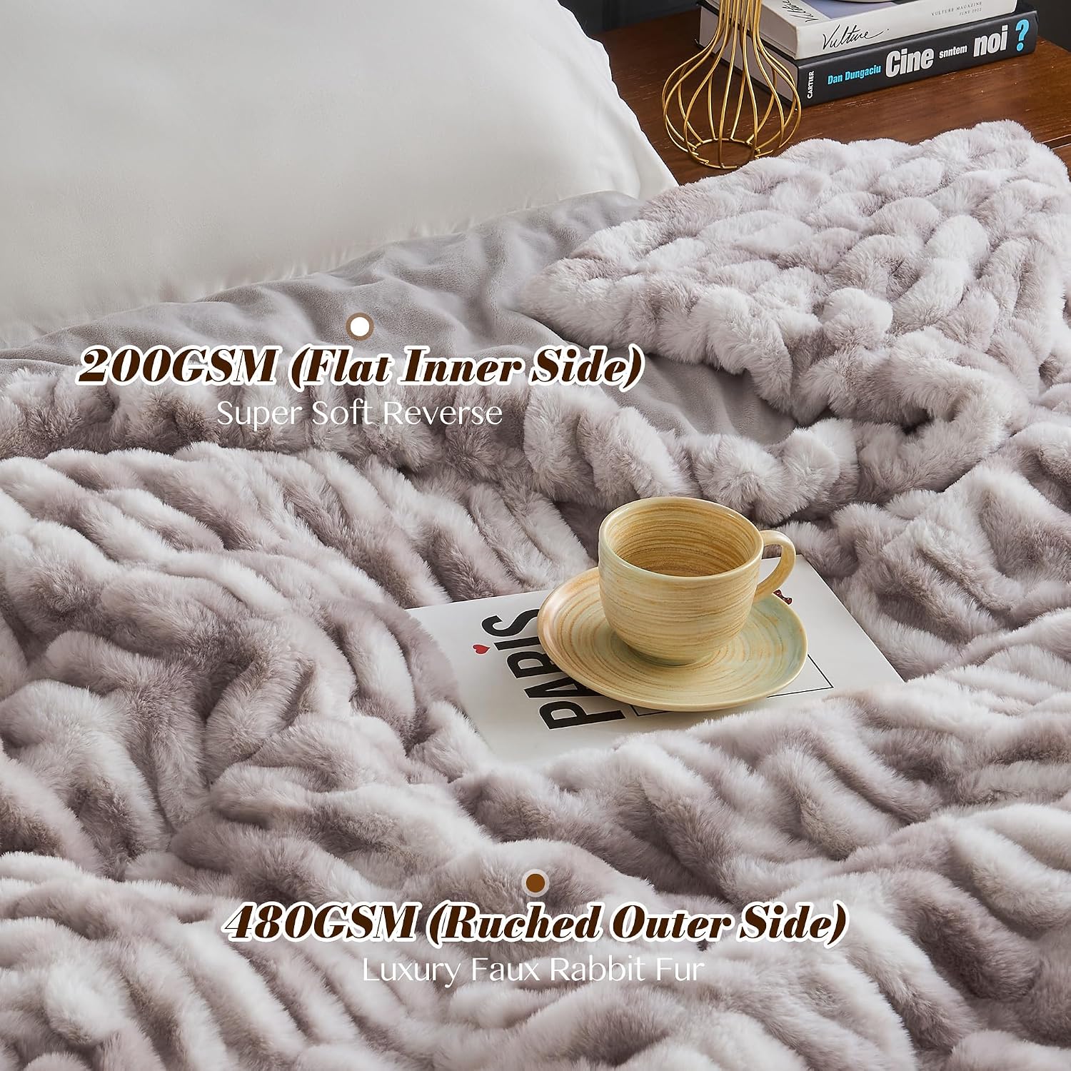 Barleyfield 700GSM Faux Fur Throw Blanket, Ruched Soft Fuzzy Blankets, Warm Cozy, 1.49 kg, 50"x60", Taupe