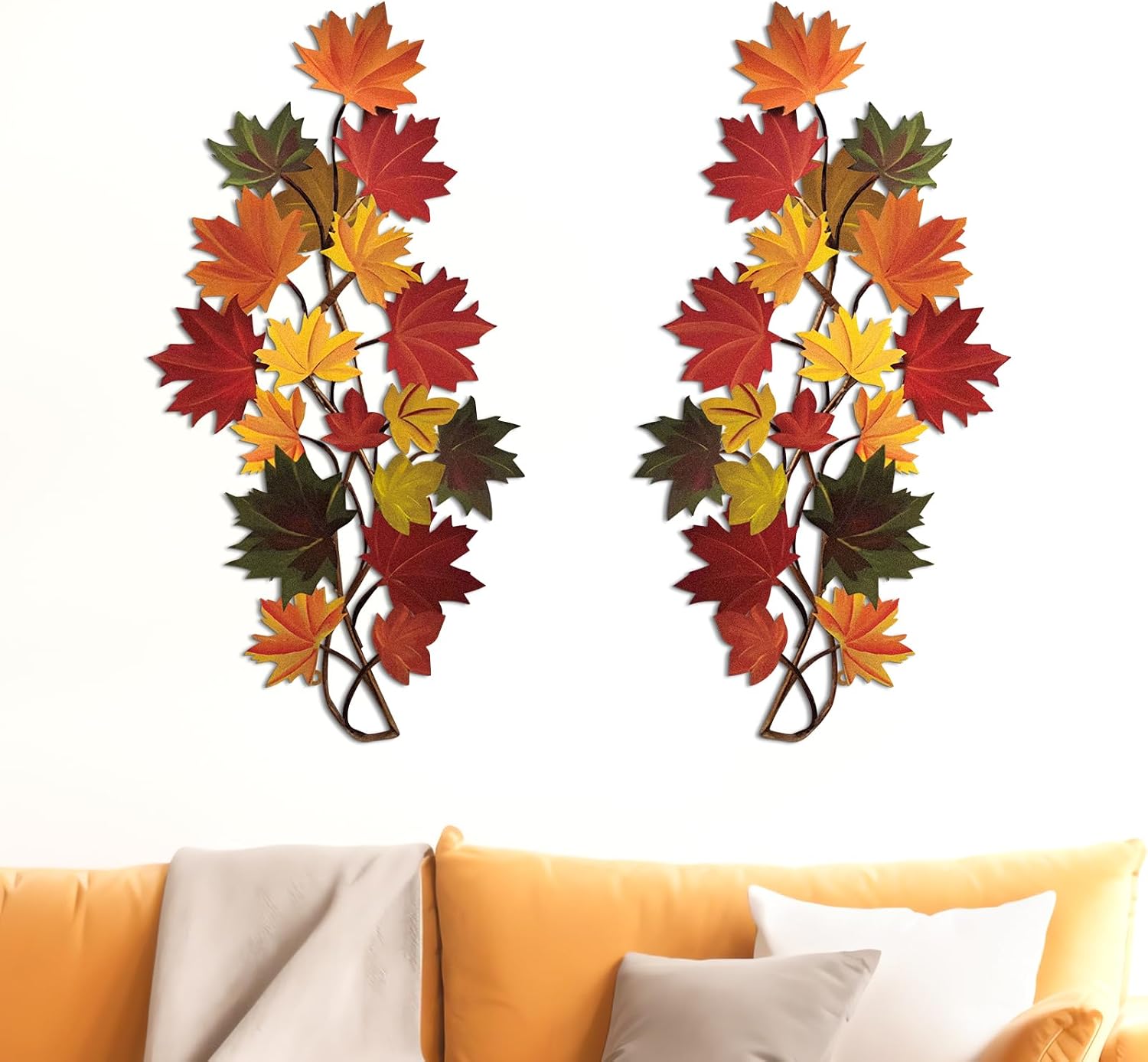 Brackenly 2 Pcs Fall Wall Decorations for Home Metal Leaf Wall Art, Bright, 16.93 x 8.86 inches, Red