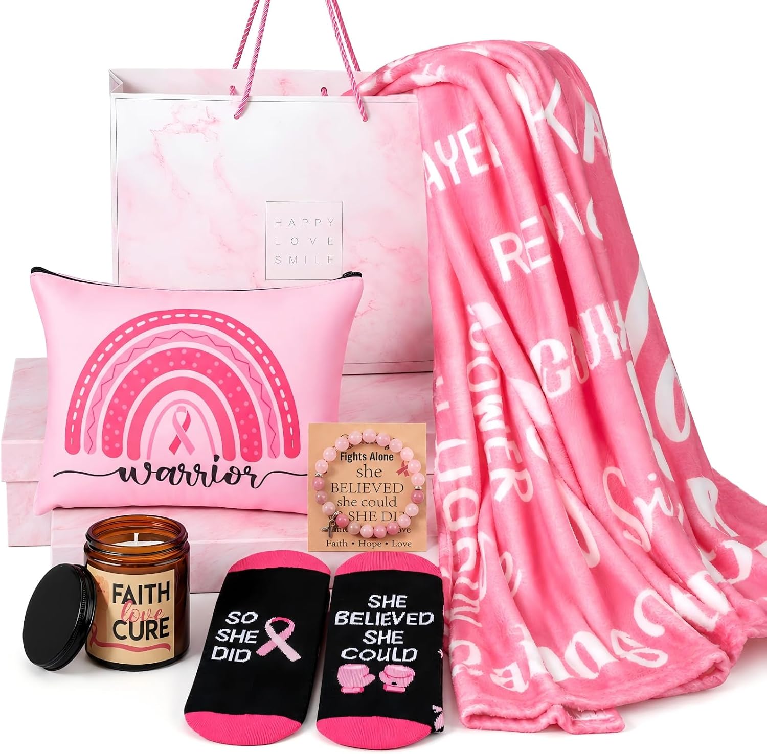 Ashenby 8 Pcs Breast Cancer Survivor Gifts for Women, Cancer Care Packages, 3.5 pounds, 50" x 60", Pink