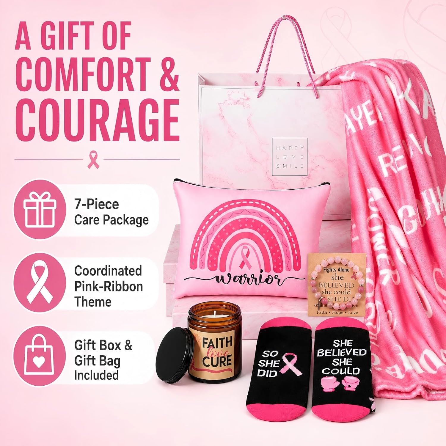 Ashenby 8 Pcs Breast Cancer Survivor Gifts for Women, Cancer Care Packages, 3.5 pounds, 50" x 60", Pink