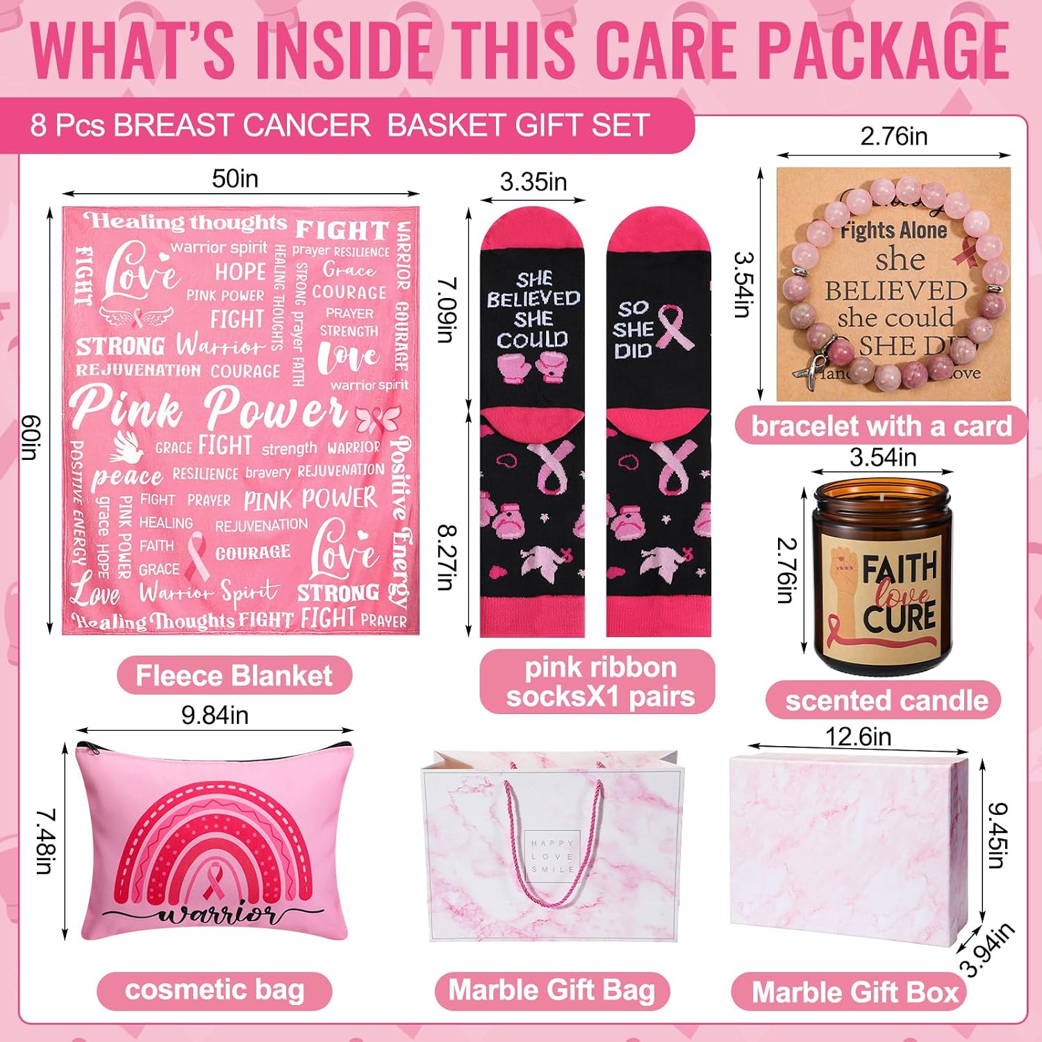 Ashenby 8 Pcs Breast Cancer Survivor Gifts for Women, Cancer Care Packages, 3.5 pounds, 50" x 60", Pink