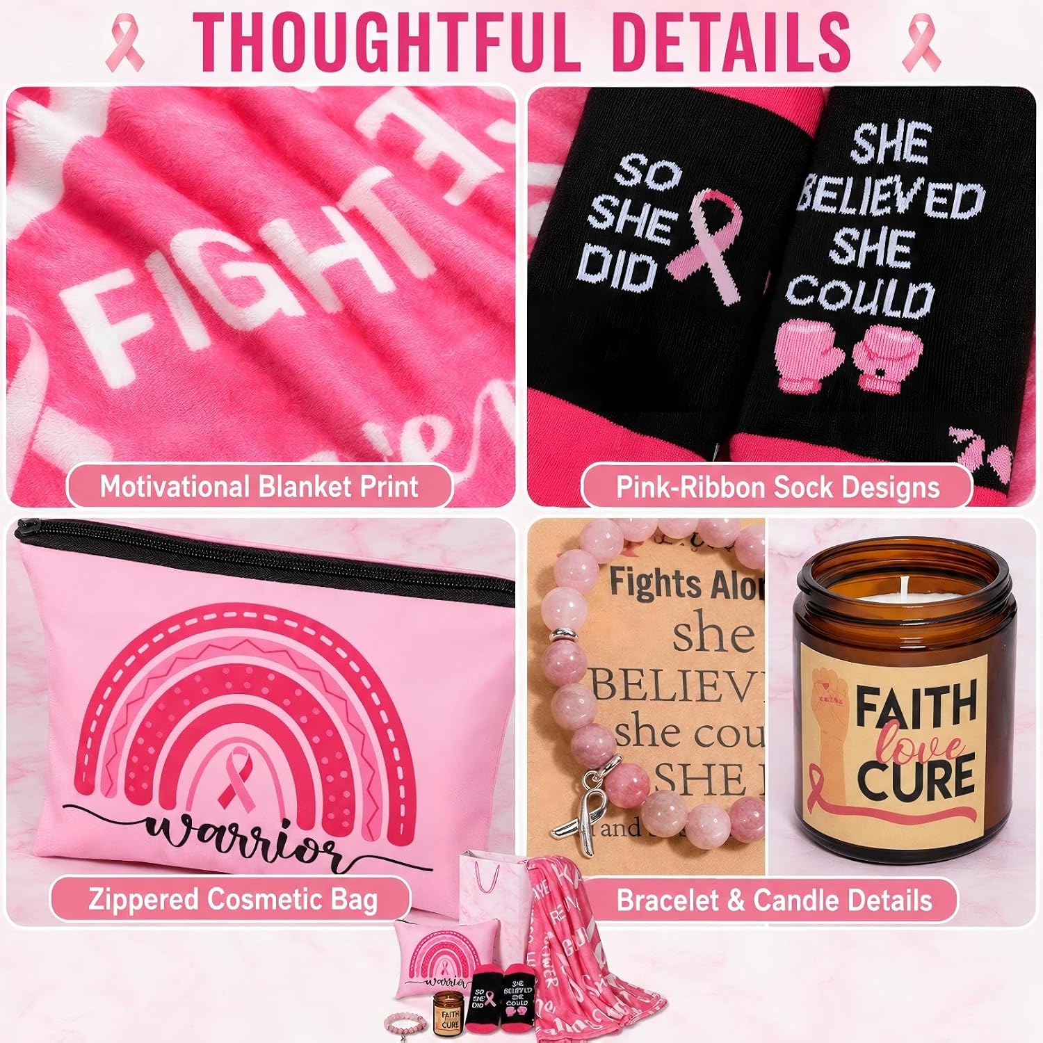Ashenby 8 Pcs Breast Cancer Survivor Gifts for Women, Cancer Care Packages, 3.5 pounds, 50" x 60", Pink