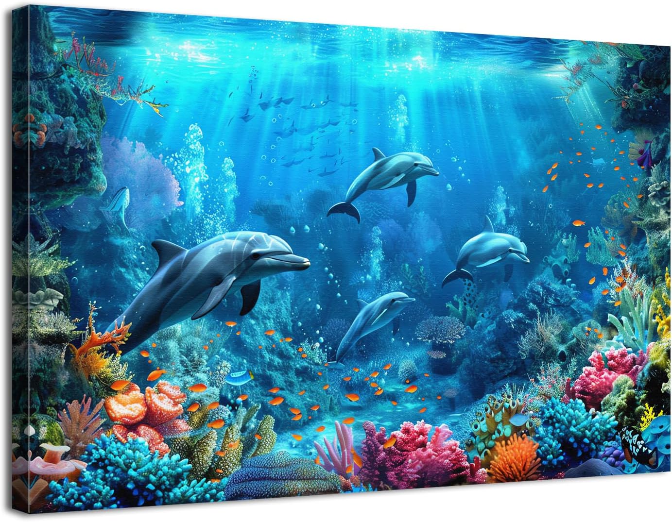 Ashenby Blue Beach Wall Decor Bathroom Ocean Dolphin Wall Art Underwater World Fish Pictures for Living Room Navy Seascape Photo Canvas Prints Coastal