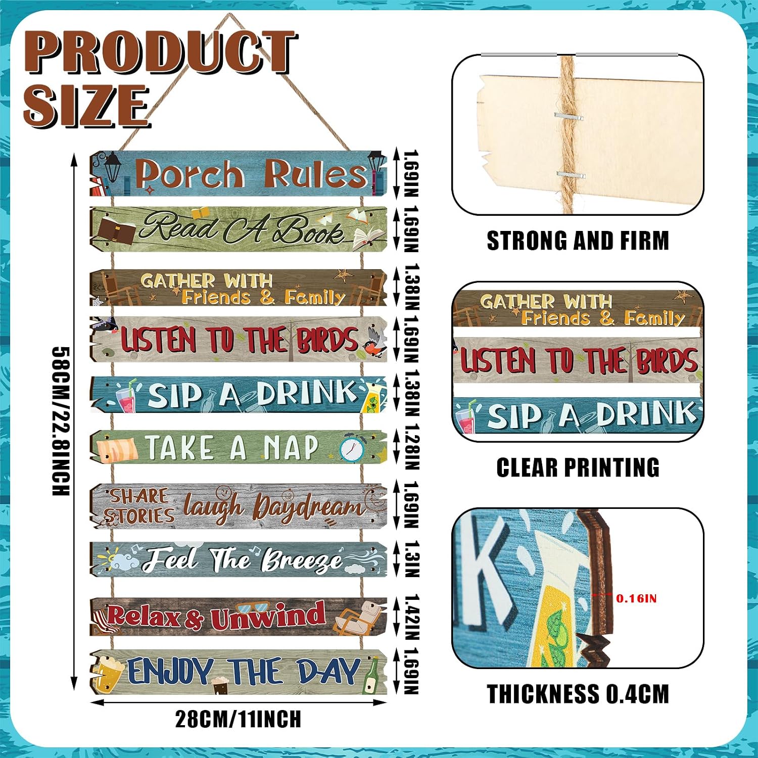 Aldernest Porch Rules Sign Porch Wood Outdoor Wall Plaque, approx. 11 x 1.7 inches, 10 Count