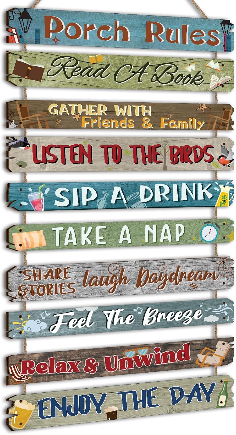 Aldernest Porch Rules Sign Porch Wood Outdoor Wall Plaque, approx. 11 x 1.7 inches, 10 Count