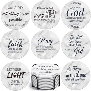 Aldernest Ceramic Coasters with Bible Verses, Coasters Set of 8 with Holder, White