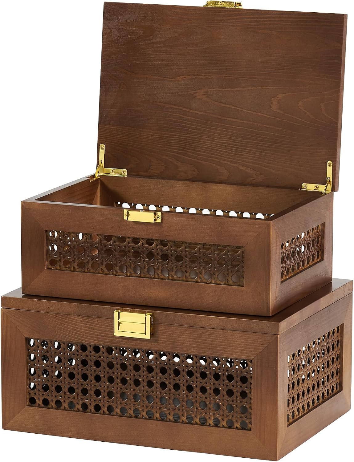 Aldernest Decorative Rattan Storage Boxes Baskets with Lid Wooden Frame, 0.72 kg, Walnut