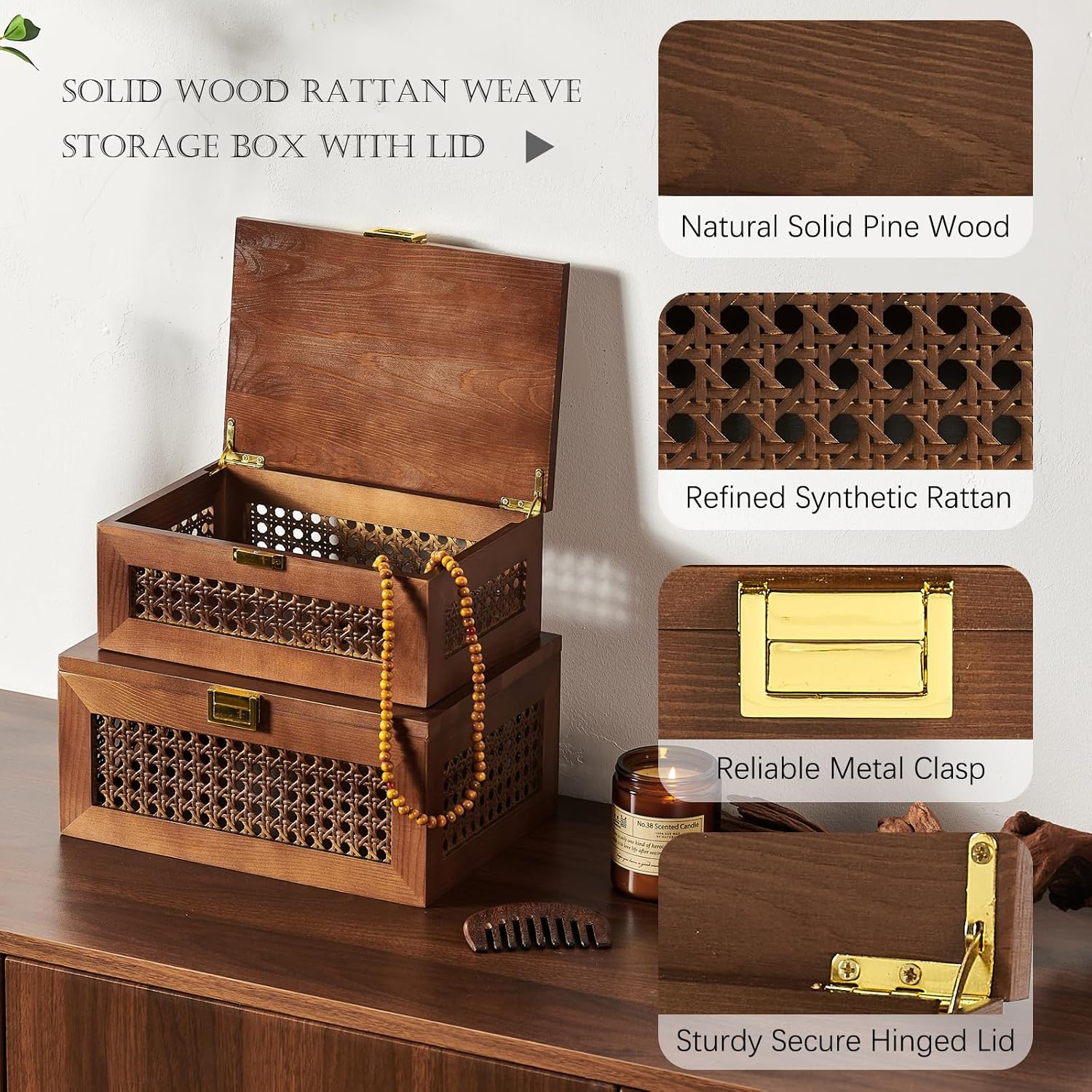 Aldernest Decorative Rattan Storage Boxes Baskets with Lid Wooden Frame, 0.72 kg, Walnut