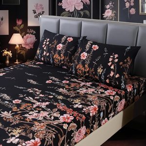 Aldernest 3pcs Black Floral Queen Bed Sheet, 0.61 kg, Black-floral