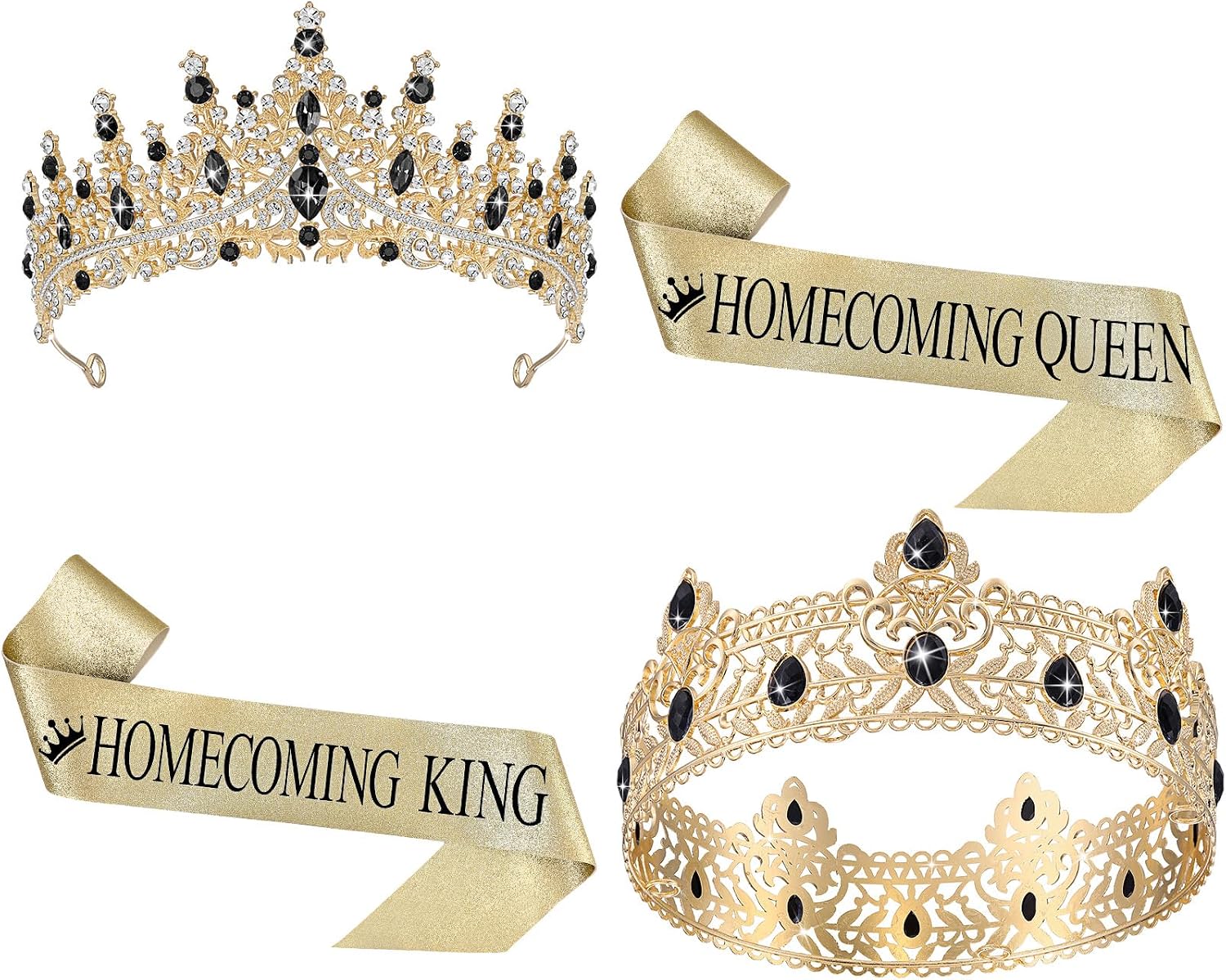 Ashenby 4 Pcs Homecoming King Queen Crown Set with Sashes for Prom, Black, King crowns: 6.69 x 2.56 inches
