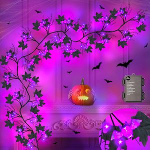 VelloHome 9FT 72 LED Halloween Willow Vine Twig Decor Black Halloween Garland with Bat & LED Purple Lights