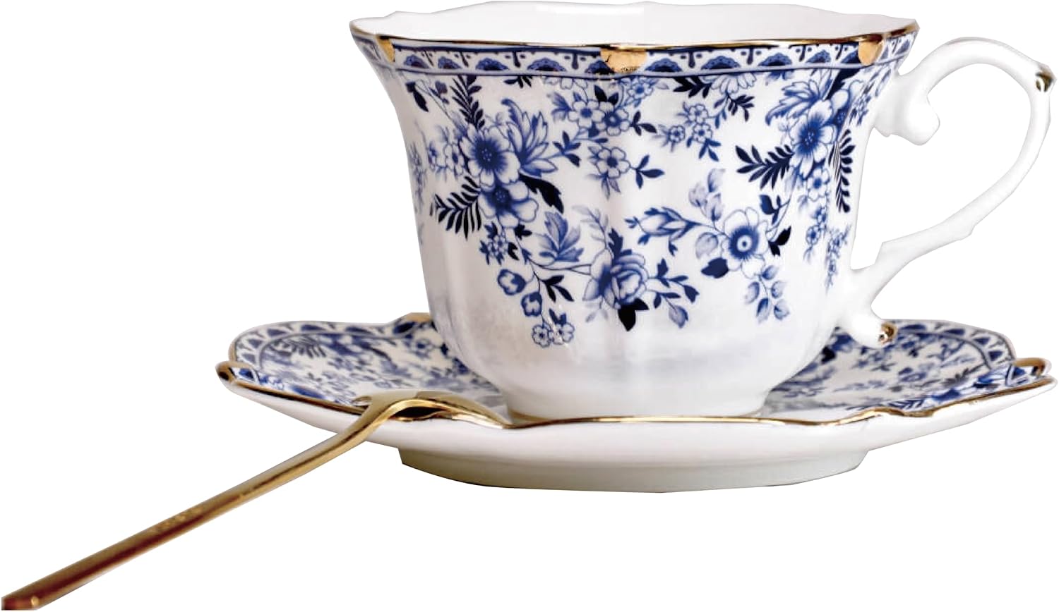 Barleyfield Vintage Floral Porcelain Tea Cup and Saucer Set with Spoon, Gold Trim, 9.6 ounces, 6.4 Ounces, China Flower