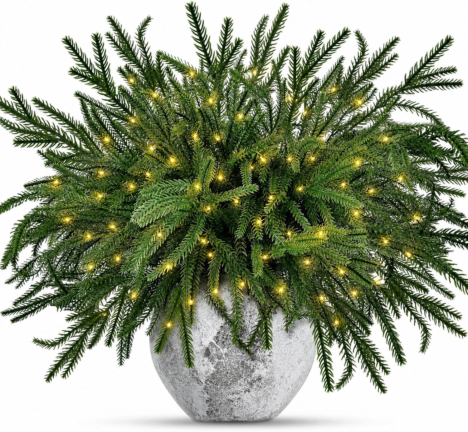 Aldernest 12Pcs Christmas Norfolk Pine Branches with Lights, 18"Faux Greenery Stems, 6 Count
