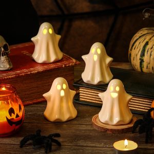 Copperlyn 4PCS Ceramic Ghost Light Up Decor, Ghost Halloween Decor, 11.2 ounces, White