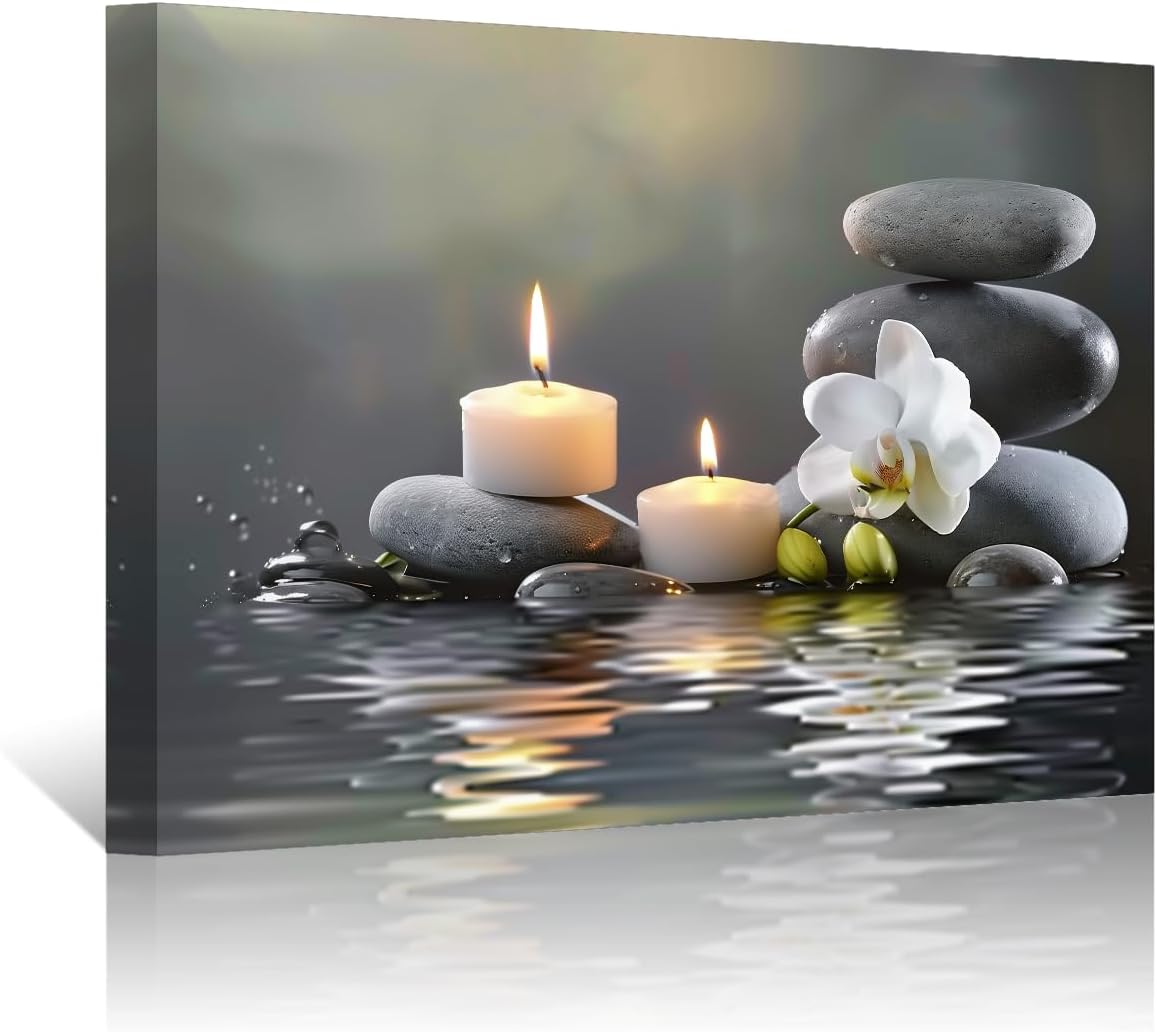 Ashenby Bathroom Wall Art Orchid Flower with Black Zen Stone Pictures SPA Candle Picture Prints Still Life Canvas Painting for Meditation Spiritual