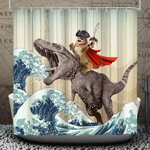 Aldernest Funny Cat Dinosaur Shower Curtain Cool Pirate Cat Japanese Ocean Wave Waterproof Fabric Shower Curtain Kids Fun Nautical Rustic Wooden