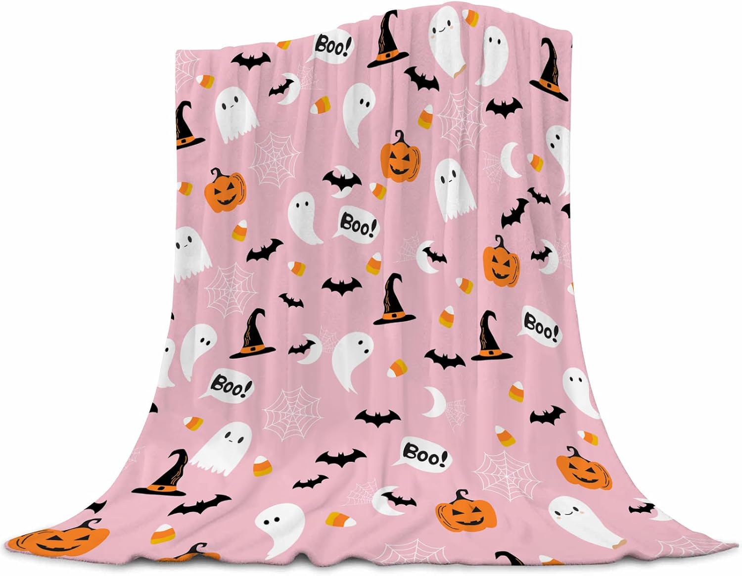 Ashenby Halloween Cute Ghost Blanket - Pink With Pumpkin, Lightweight Throw for Women, 8.64 ounces, 30"x40"