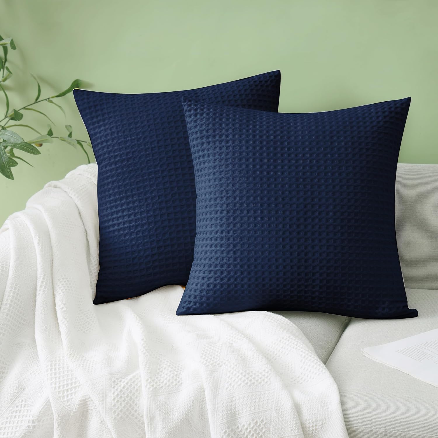 Aldernest 100% Egyptian Cotton 600 TC Waffle Weave Throw Pillow Covers 2 Pack, 26" x 26" (Pack of 2), Navy Blue