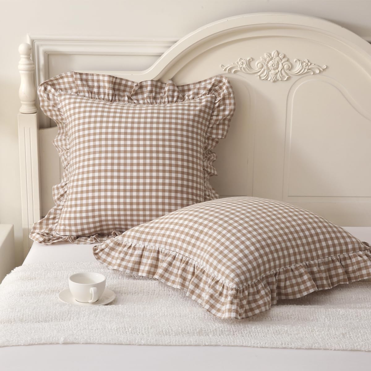 Ashenby 2 Pack Taupe/White Plaid Ruffle Throw Pillow Covers 20"x20", Taupe Plaid, 18.99 Count