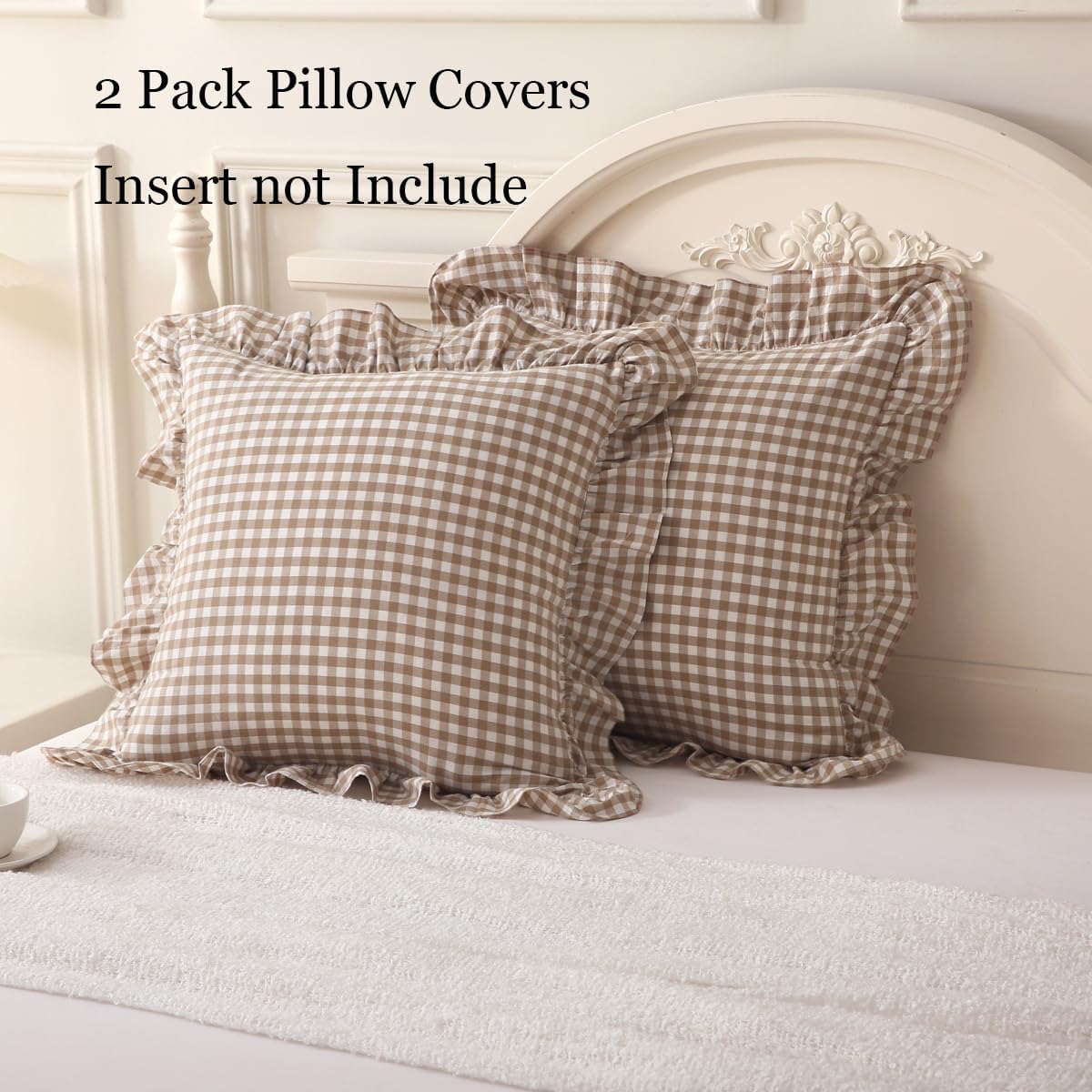 Ashenby 2 Pack Taupe/White Plaid Ruffle Throw Pillow Covers 20"x20", Taupe Plaid, 18.99 Count