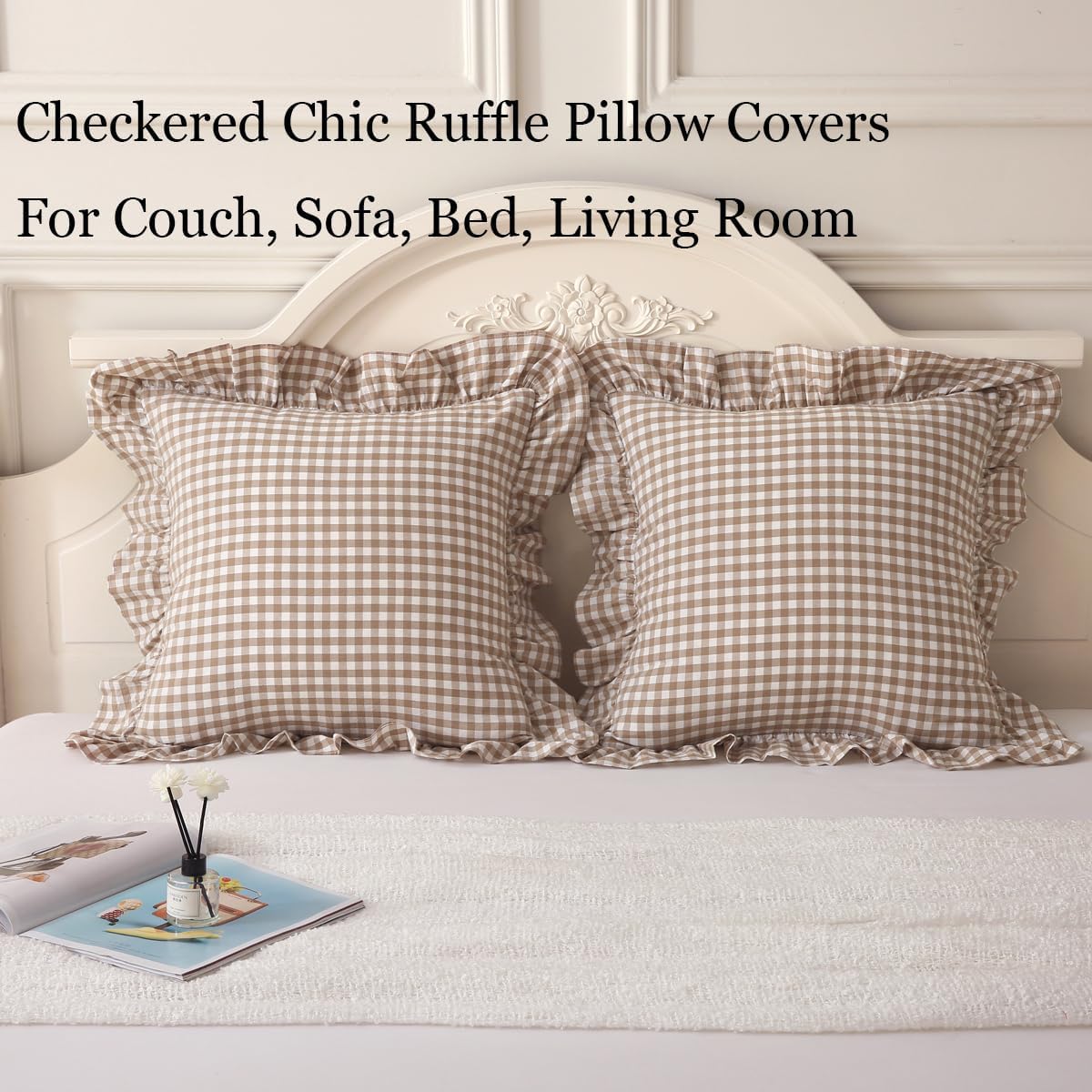 Ashenby 2 Pack Taupe/White Plaid Ruffle Throw Pillow Covers 20"x20", Taupe Plaid, 18.99 Count