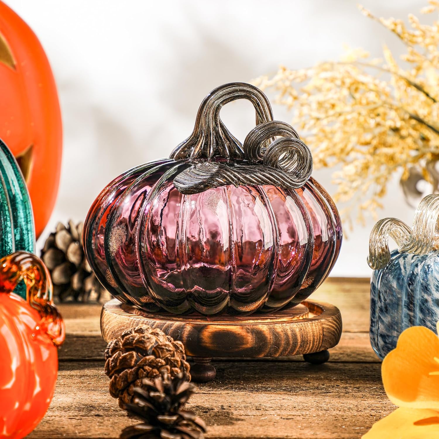Copperlyn 5 Inch Hand-blown Glass Pumpkin for Decorating, Crystal Pumpkin Fall Decor, 0.48 kg, Bright Purple
