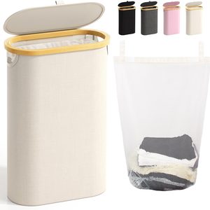 Barleyfield Slim Laundry Hamper with Lid, 60L Small Laundry Basket, Beige, 2.2 pounds