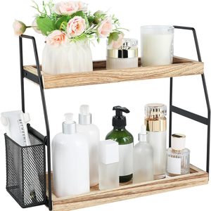 Ashenby Bathroom Counter Organizer, 2-Tier Standing Storage Shelf with Basket, Brown