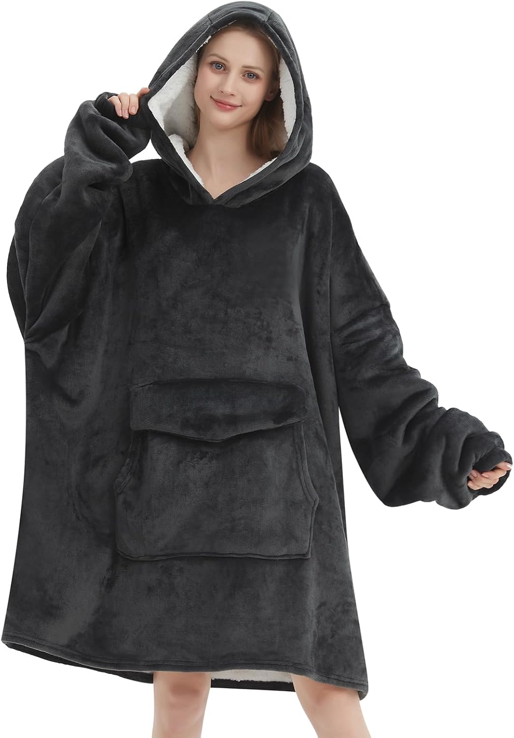 Aldernest Wearable Blanket Hoodie for Adult, Oversized Sherpa Fleece Blanket Hoodie for Women Men, Dark Grey