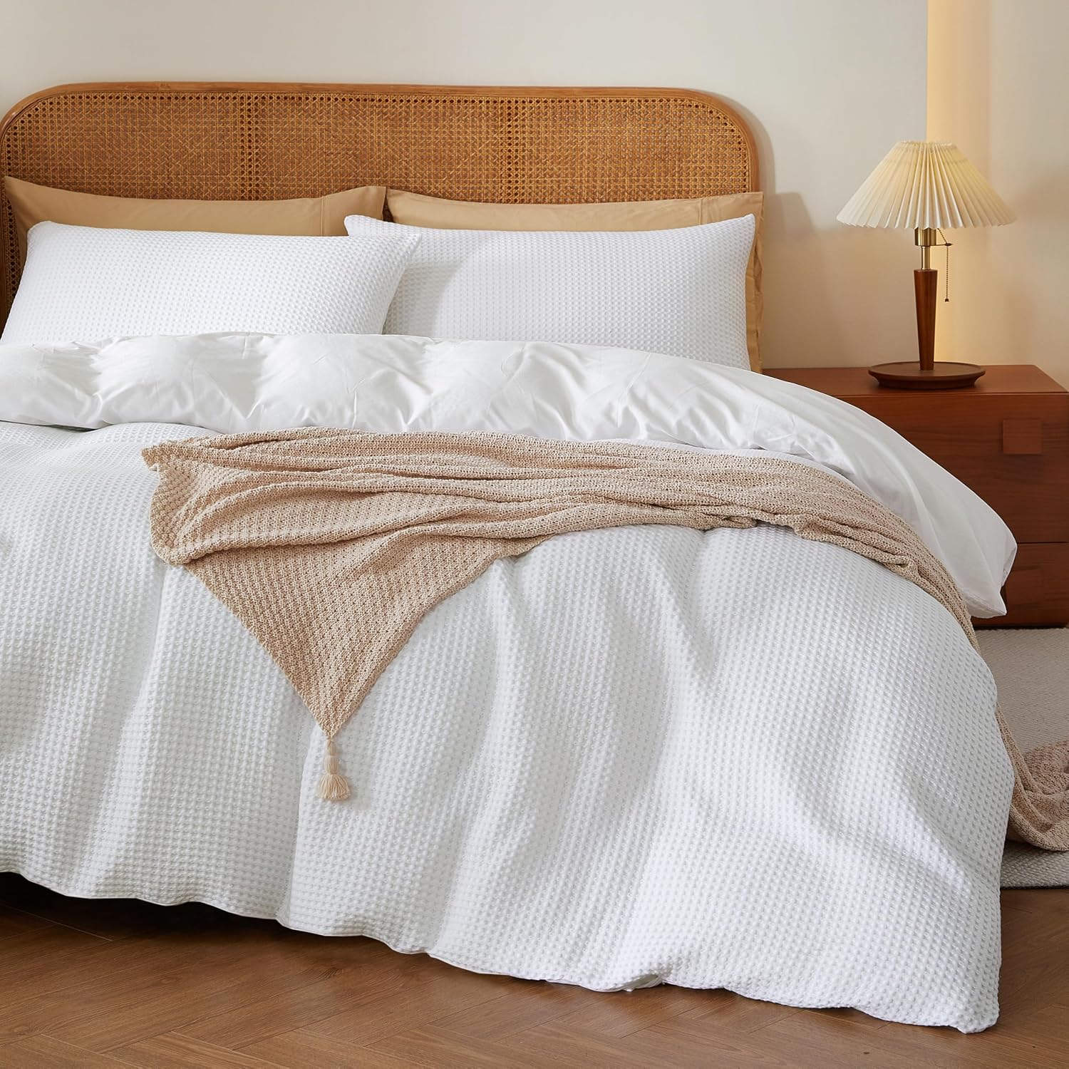 Aldernest 2Pcs 100% Egyptian Cotton Waffle Duvet Cover Set Twin 68 x 90, White, 1.88 kg, Bright White