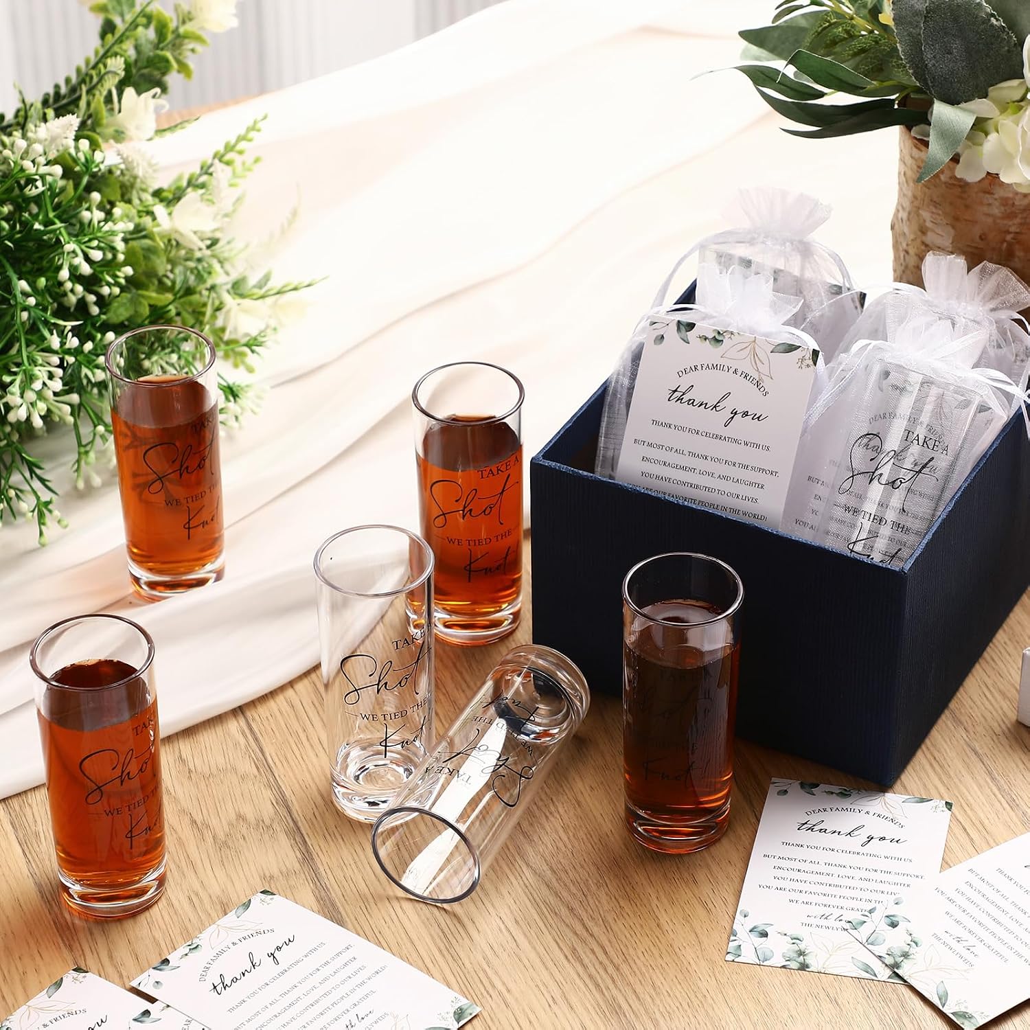 Ashenby 50 Set Wedding Shot Glasses Gift Favor for Guest, Clear, White, 1.57 x 4.1 inch