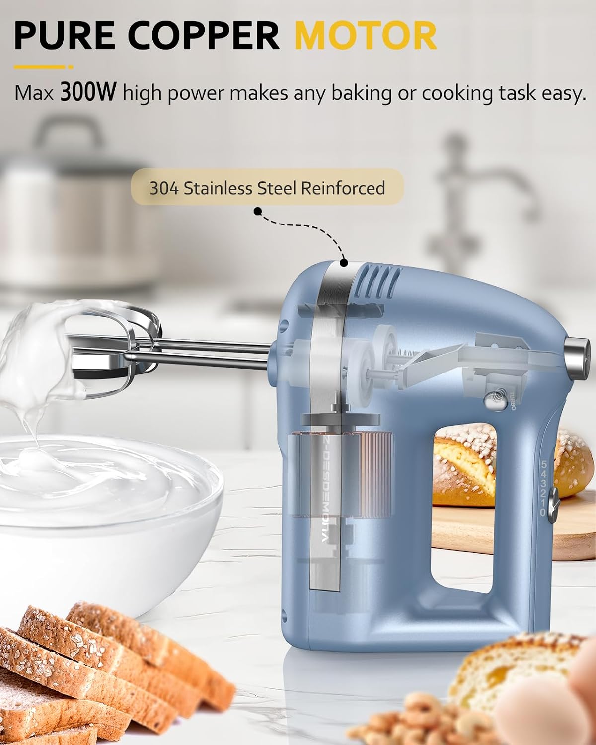 Aldernest Electric Hand Mixer, Powerful Hand Mixer Electric Handheld with 304*, Blue