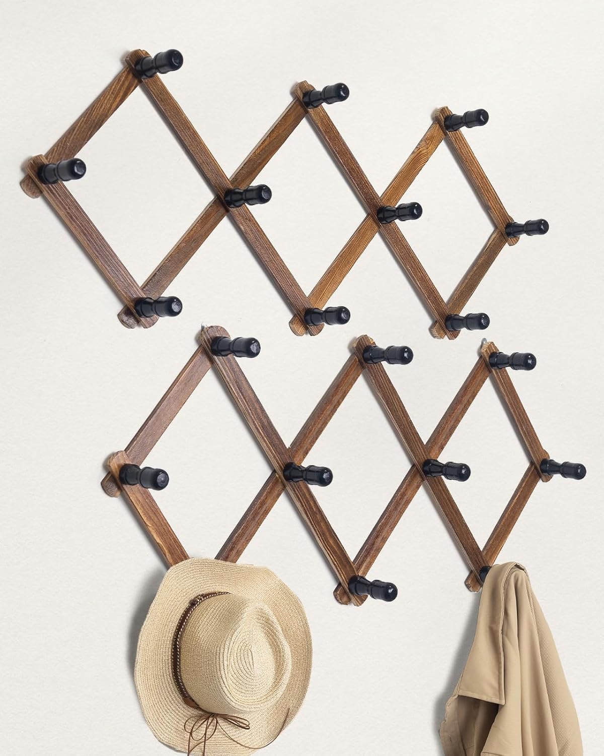 HomeNestly Wooden Expandable Accordion Wall Hanger, 2 Pack Including 20 Peg Hooks, 0.58 kg, Brown