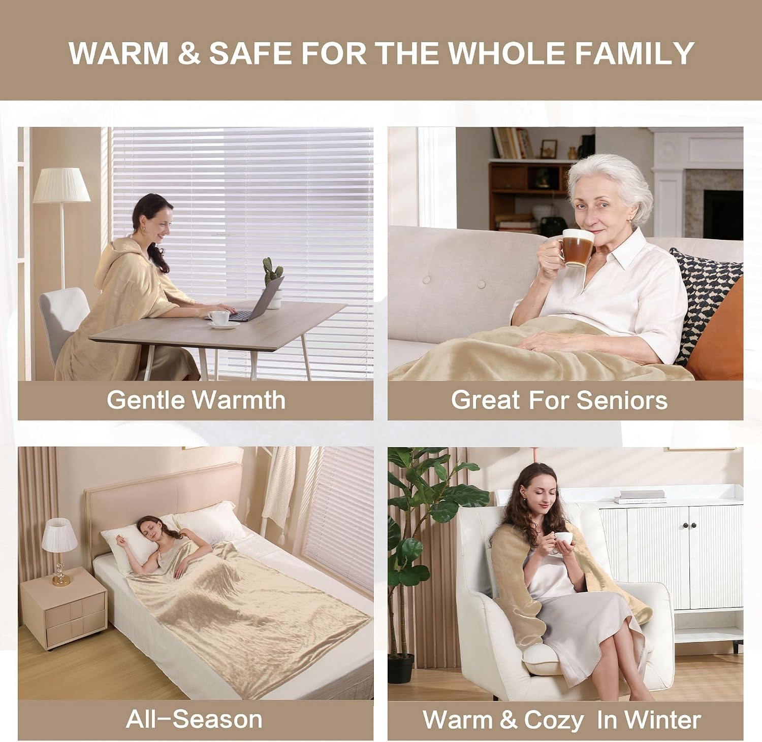 Aldernest Wearable Heated Blanket Throw, Soft Flannel Electric Heating Blanket, Beige