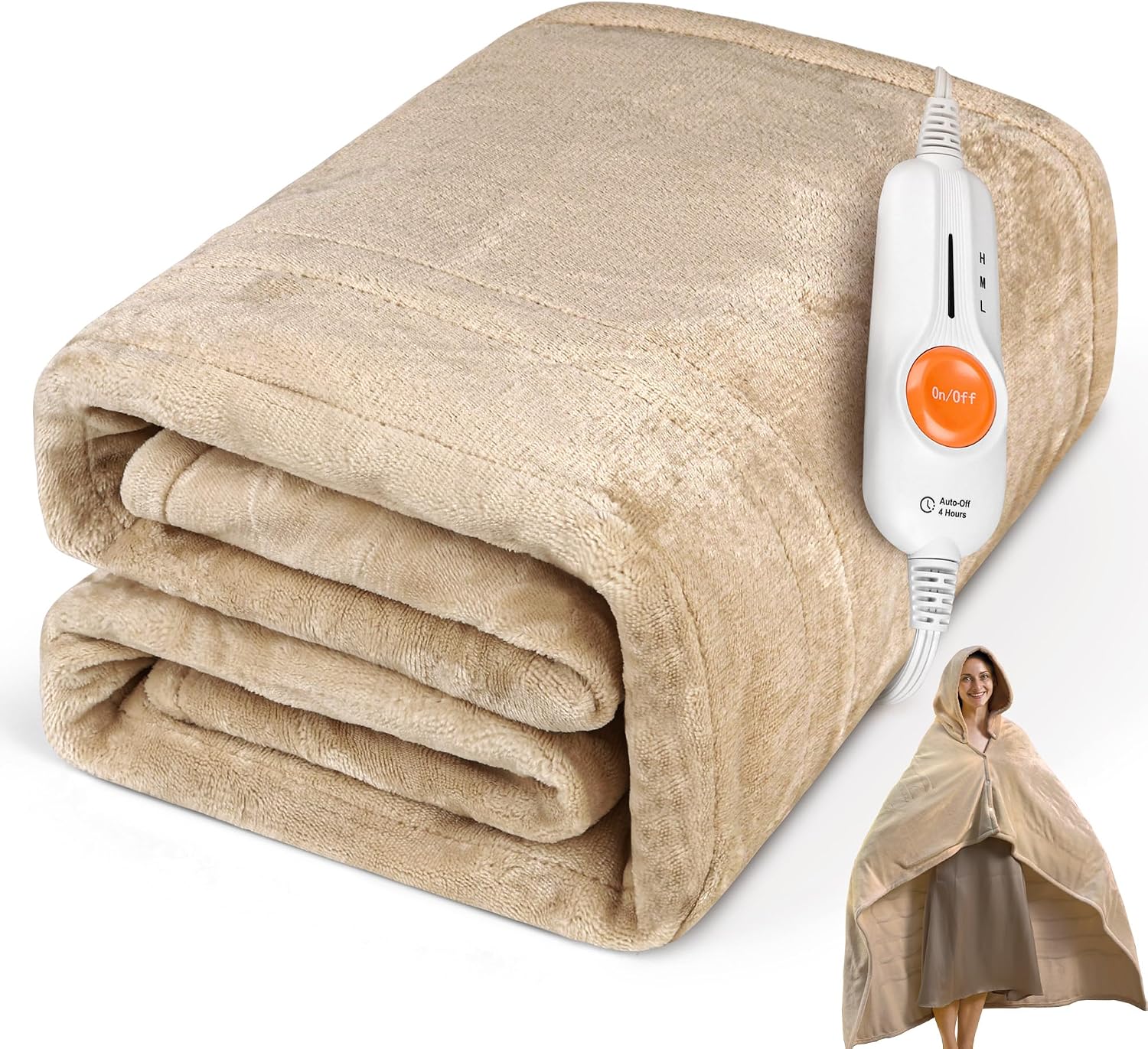 Aldernest Wearable Heated Blanket Throw, Soft Flannel Electric Heating Blanket, Beige