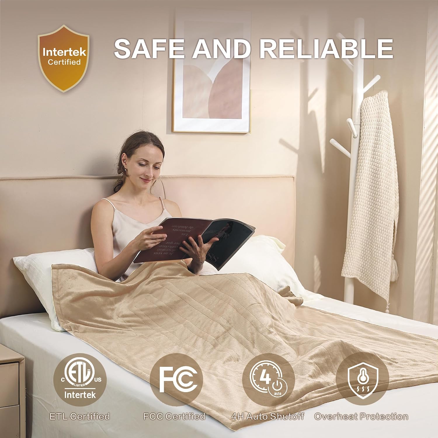 Aldernest Wearable Heated Blanket Throw, Soft Flannel Electric Heating Blanket, Beige