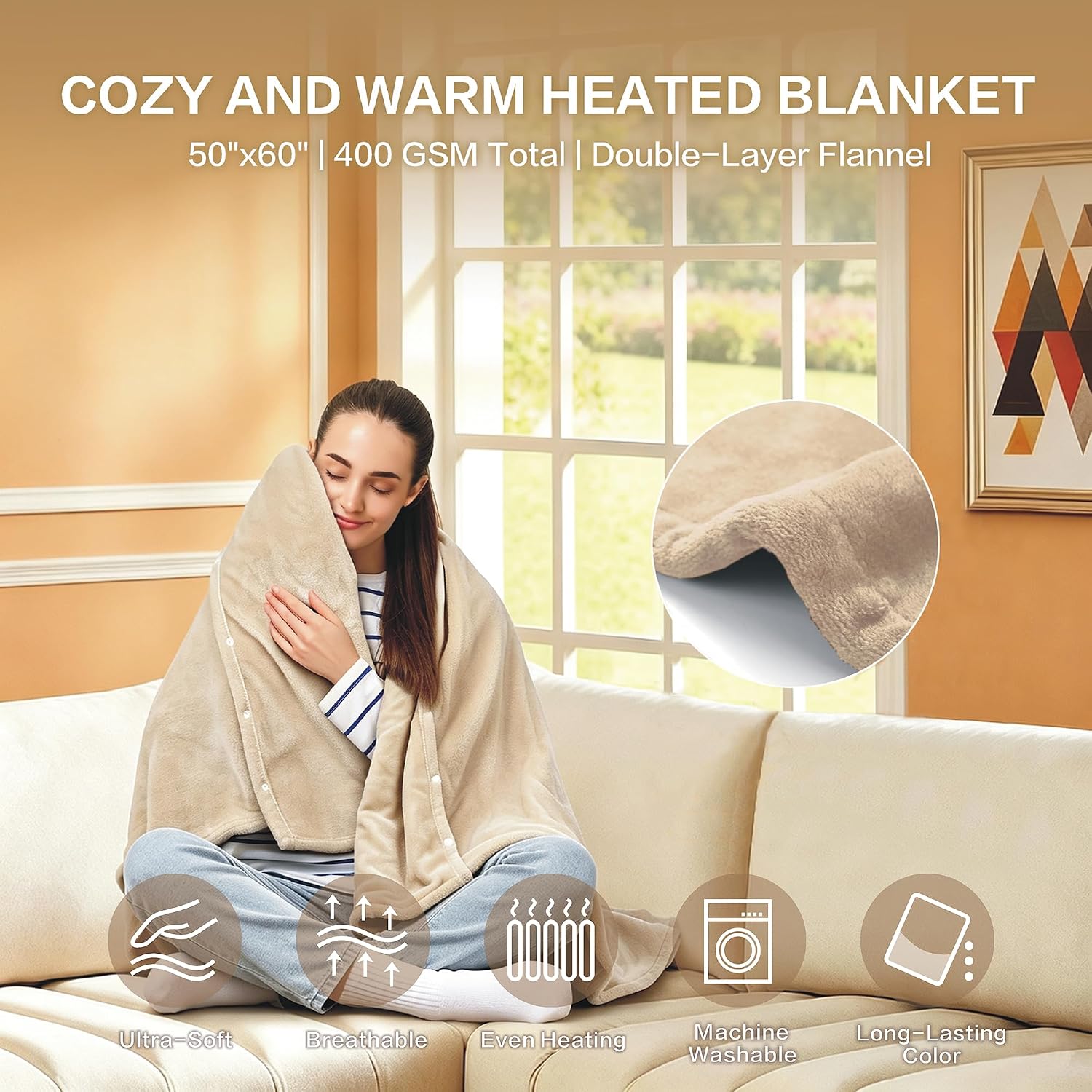 Aldernest Wearable Heated Blanket Throw, Soft Flannel Electric Heating Blanket, Beige