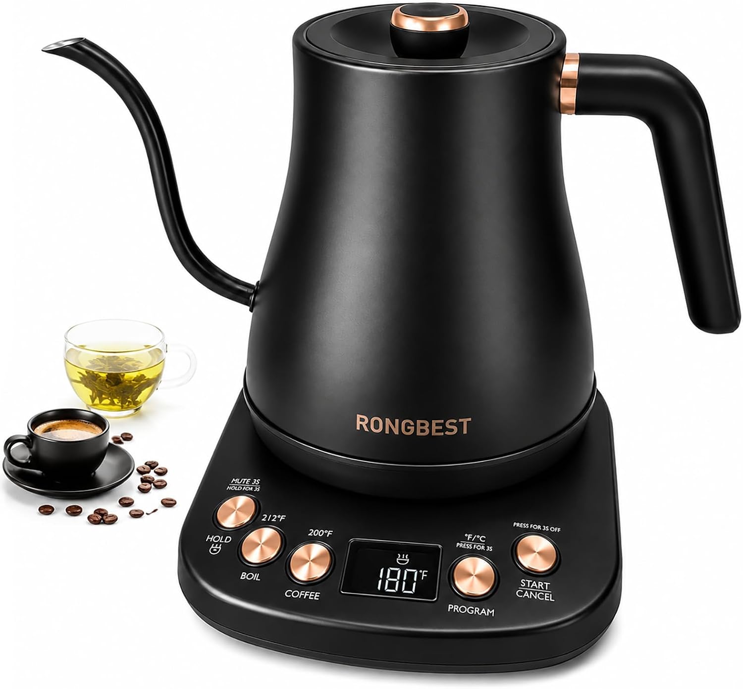 Ashenby 1L Electric Gooseneck Water Kettles with 6 Temperature Control Presets, 2.7 pounds, Black