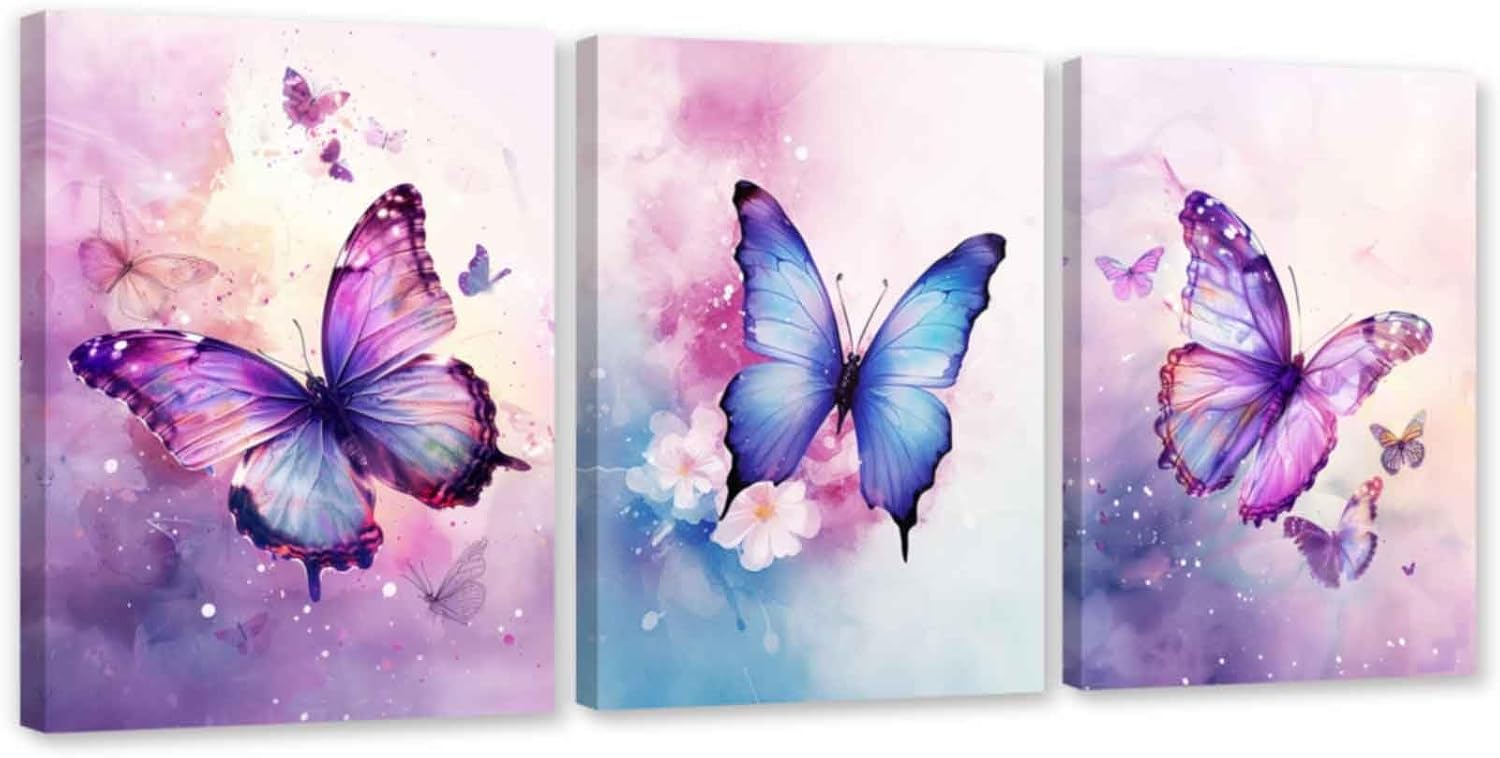 Aldernest 3 Piece Purple Butterfly Canvas Wall Art Butterfly Pictures Wall Decor Watercolor Painting for Girls Room Decor Frame ), 0.56 kg, Pink