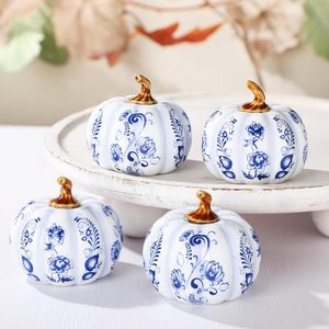 Birchmont 4 Pcs Fall Chinoiserie Ceramic Pumpkins Decorations, 0.48 kg, Blue, White