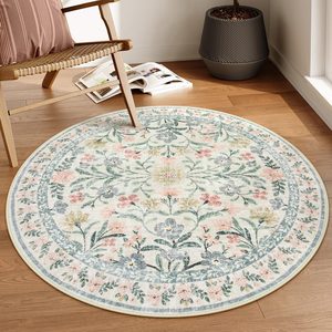 Aldernest Sylvie Round Boho Floral Rugs 4ft, Cream Washable Circle Rugs for Bedroom Nursery, 1.33 kg, Beige