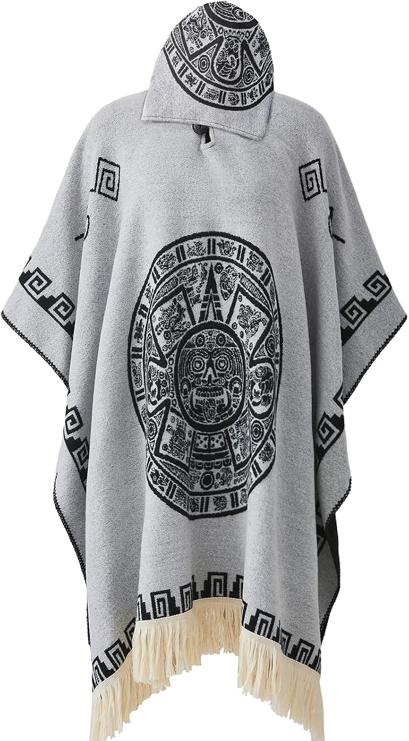 Birchmont Mexican Poncho with Hood serape Vintage Aztec Hippie Striped Western Blanket Poncho Sleeveless Sweater Zarape Costume