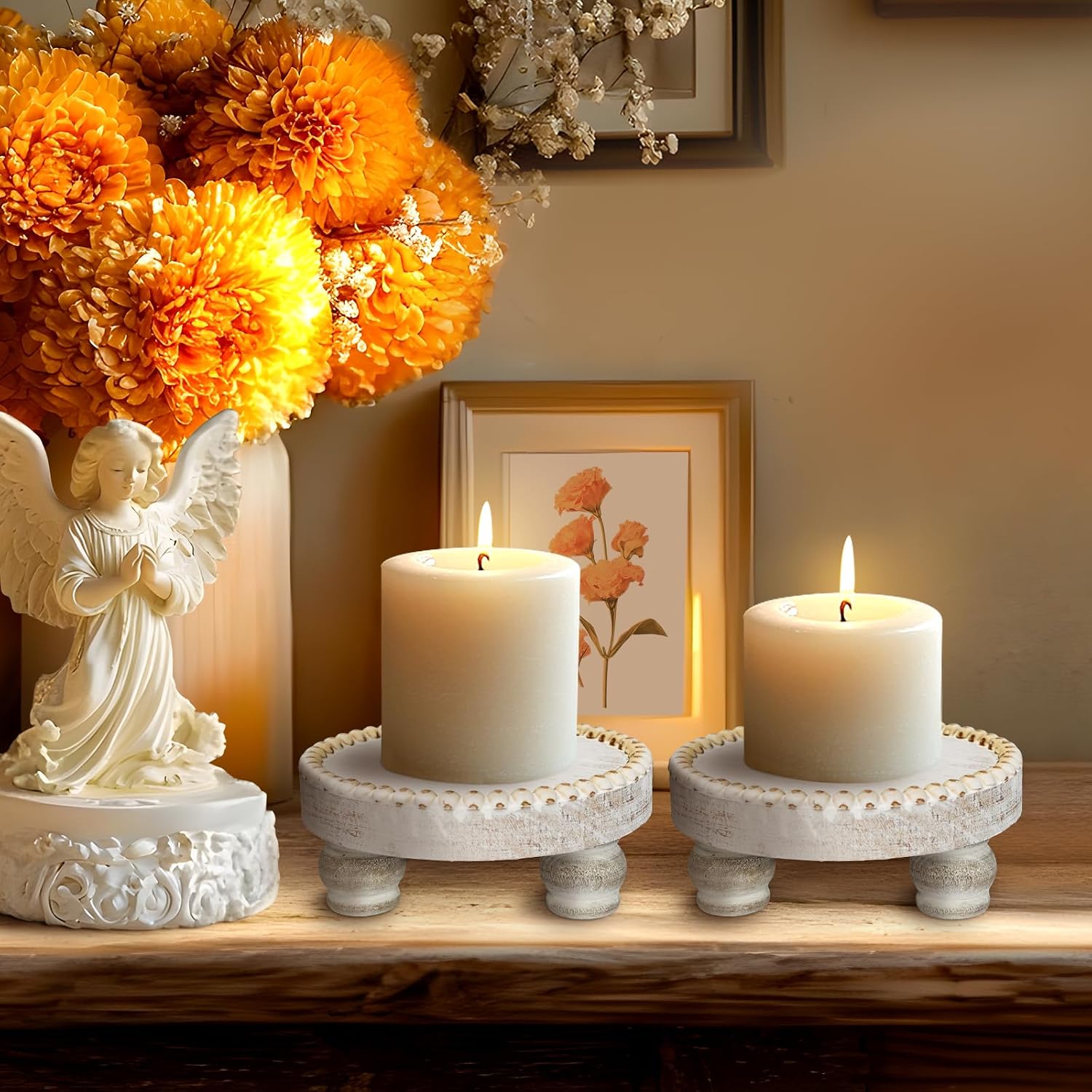 VelloHome Small Wood Risers for Decor, Round Wooden Display Risers Candle Plates and Trays, 0.59 kg, White