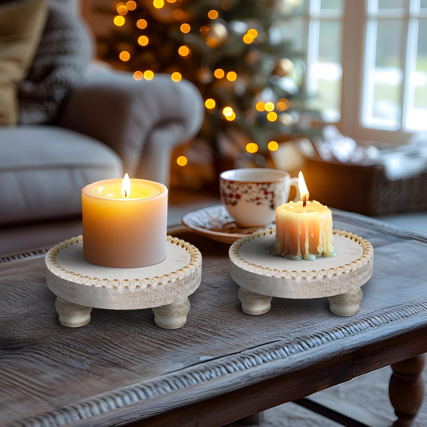 VelloHome Small Wood Risers for Decor, Round Wooden Display Risers Candle Plates and Trays, 0.59 kg, White