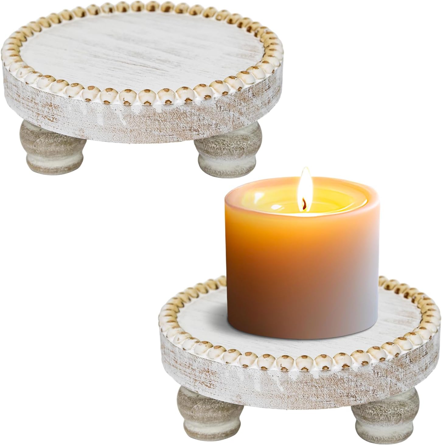 VelloHome Small Wood Risers for Decor, Round Wooden Display Risers Candle Plates and Trays, 0.59 kg, White