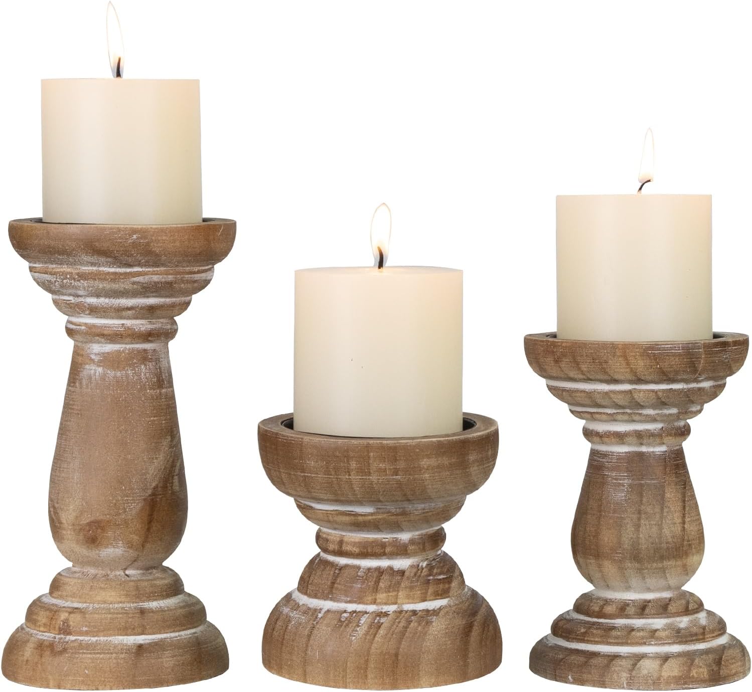 VelloHome Candle Holder for Pillar Candle Set of 3, Farmhouse Wood Candle Holder, 0.82 kg, Washedbrown