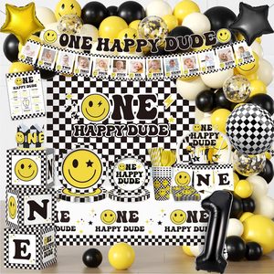 Tanglewick One Happy Dude Birthday Decorations Kit, All‑in‑One for 20 Guests, Black, white , Yellow