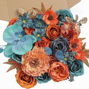 VelloHome Fall Orange Artificial Flowers Roses Fake Flowers with Stems Blue Orange Artificial Flowers for DIY Bridal Bouquets Faux Flowers