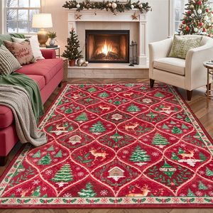 Aldernest Christmas Living Room Rug, 5x7 Christmas Reindeer Rugs for Bedroom, 3 kg, Christmas Red